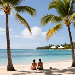 Caribbean Holidays, Saint Lucia Luxury, Couple relaxing on a quiet Saint Lucia beach with palm trees, calm turquoise water and a luxury resort in the distance