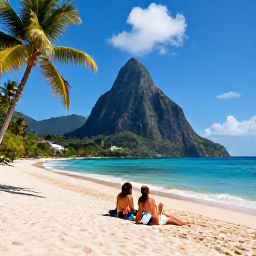 Caribbean Holidays, Saint Lucia Luxury, Couple relaxing on a quiet tropical beach with turquoise water and palm trees in Saint Lucia