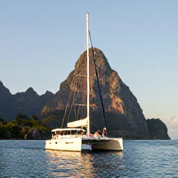 Caribbean Holidays, Saint Lucia Luxury, Couple sailing on a private catamaran past Saint Lucia's Pitons at golden hour, with calm turquoise water and a clear sky