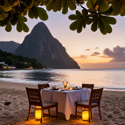 Caribbean Holidays, Saint Lucia Luxury, Elegant beachfront dinner with lanterns, tropical foliage and Caribbean sunset in Saint Lucia