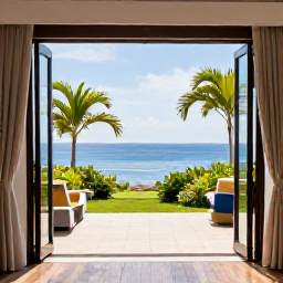 Caribbean Holidays, Saint Lucia Luxury, Elegant luxury hotel suite in Saint Lucia with open doors leading to a private terrace, tropical garden and ocean view