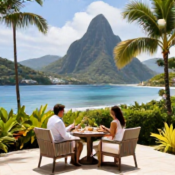Caribbean Holidays, Saint Lucia Luxury, Elegant open-air luxury hotel terrace overlooking the Caribbean Sea in Saint Lucia, with a couple enjoying breakfast surrounded by tropical greenery