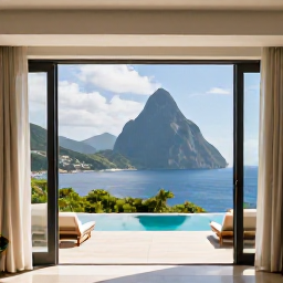 Caribbean Holidays, Saint Lucia Luxury, Elegant Saint Lucia hotel suite with open doors to a private terrace overlooking the Caribbean Sea
