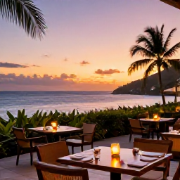 Caribbean Holidays, Saint Lucia Luxury, Elegant Saint Lucia restaurant terrace at sunset, with candlelit tables, tropical plants and a view of the Caribbean Sea