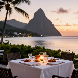 Caribbean Holidays, Saint Lucia Luxury, Elegant Saint Lucian dinner on a terrace overlooking the sea at sunset, with tropical dishes and soft evening light