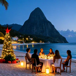 Caribbean Holidays, Saint Lucia Luxury, Festive luxury dinner on a Saint Lucia beach, with lanterns, tropical foliage and guests celebrating Christmas