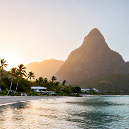 Caribbean Holidays, Saint Lucia Luxury, Luxury beachfront resort in Saint Lucia at sunrise, with calm turquoise water, palm trees and the Pitons in the distance