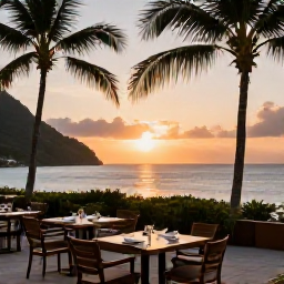Caribbean Holidays, Saint Lucia Luxury, Luxury beachfront resort in Saint Lucia at sunset, with palm trees, calm Caribbean Sea and elegant outdoor dining