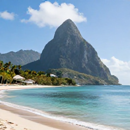 Caribbean Holidays, Saint Lucia Luxury, Luxury beachfront resort in Saint Lucia in November, with a calm turquoise bay, palm trees and the Pitons in the distance