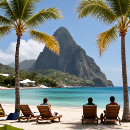 Caribbean Holidays, Saint Lucia Luxury, Luxury beachfront resort in Saint Lucia with sun loungers, palm trees, calm blue water and guests enjoying February sunshine