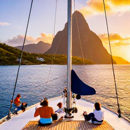 Caribbean Holidays, Saint Lucia Luxury, Luxury catamaran sailing along Saint Lucia's coast at sunset, with the Pitons in the background and guests relaxing on deck
