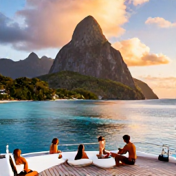 Caribbean Holidays, Saint Lucia Luxury, Luxury catamaran sailing along the Saint Lucia coast at sunset, with the Pitons, clear water and guests enjoying the deck