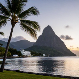 Caribbean Holidays, Saint Lucia Luxury, Luxury resort overlooking a calm Caribbean bay in Saint Lucia during August, with palm trees and soft evening light
