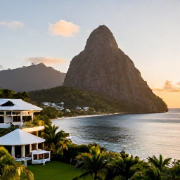 Caribbean Holidays, Saint Lucia Luxury, Luxury resort overlooking the Pitons and Caribbean Sea at golden hour in Saint Lucia