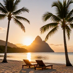 Caribbean Holidays, Saint Lucia Luxury, Quiet Saint Lucia beach at sunset with two elegant loungers, palm trees and the Pitons in the distance