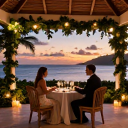 Caribbean Holidays, Saint Lucia Luxury, Romantic open-air dinner for two at a luxury Saint Lucia resort, with candles, tropical greenery and a sunset sea view