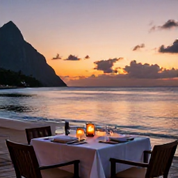 Caribbean Holidays, Saint Lucia Luxury, Romantic open-air restaurant on a Saint Lucia beach at sunset, beautifully set table, candles and calm Caribbean sea