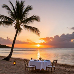 Caribbean Holidays, Saint Lucia Luxury, Romantic Saint Lucian beach at sunset with a private table, lanterns, palm trees and calm Caribbean waves