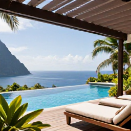 Caribbean Holidays, Saint Lucia Luxury, Stylish luxury suite overlooking the Caribbean Sea in Saint Lucia, with an infinity pool, shaded terrace and tropical gardens