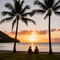 Caribbean Holidays, Saint Lucia March, A couple enjoying a quiet Saint Lucia sunset beside a beach resort, with palm trees, warm light and calm sea