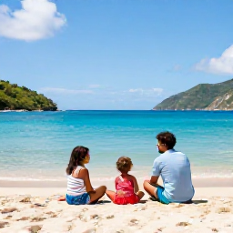 Caribbean Holidays, Saint Lucia March, A happy family relaxing on a sunny Saint Lucia beach in March, with calm turquoise water, soft sand and green hills in the background