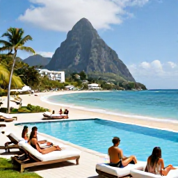 Caribbean Holidays, Saint Lucia March, A stylish Saint Lucia all-inclusive resort overlooking a tropical beach, with a swimming pool, loungers and guests enjoying a sunny March afternoon