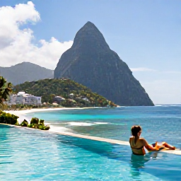 Caribbean Holidays, Saint Lucia March, Adults relaxing beside an infinity pool overlooking the Caribbean Sea in Saint Lucia
