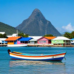 Caribbean Holidays, Saint Lucia March, Colourful fishing boats and wooden houses along the waterfront at Marigot Bay, Saint Lucia, in bright March sunshine