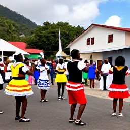 Caribbean Holidays, Saint Lucia March, Colourful Saint Lucia cultural festival with local dancers, musicians and traditional Caribbean clothing in a lively town setting
