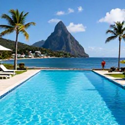 Caribbean Holidays, Saint Lucia March, Comfortable family-friendly Saint Lucia resort with swimming pool, palm trees and a view towards the Caribbean Sea