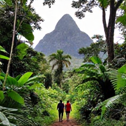 Caribbean Holidays, Saint Lucia March, Couple walking through a lush Saint Lucian rainforest with the Pitons visible in the distance