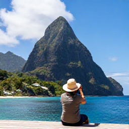 Caribbean Holidays, Saint Lucia March, Dramatic view of the twin Pitons rising beside turquoise Caribbean water, with a traveller taking a photograph