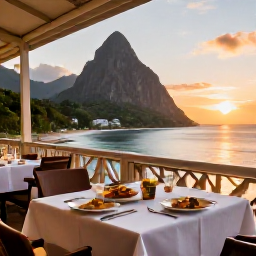 Caribbean Holidays, Saint Lucia March, Elegant adults-only restaurant terrace at sunset with Caribbean dishes and ocean views in Saint Lucia