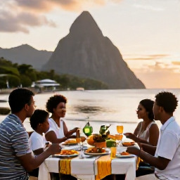 Caribbean Holidays, Saint Lucia March, Family enjoying an outdoor Caribbean dinner in Saint Lucia at sunset, colourful local food, relaxed tables and warm evening light