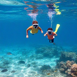 Caribbean Holidays, Saint Lucia March, Family snorkelling in clear shallow Caribbean water near Saint Lucia, colourful fish and coral visible beneath the surface