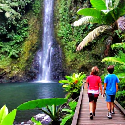 Caribbean Holidays, Saint Lucia March, Family walking through the lush rainforest of Saint Lucia beside a gentle waterfall, tropical plants and wooden trail walkway