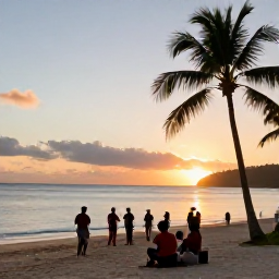 Caribbean Holidays, Saint Lucia March, Golden March sunset over a Saint Lucia beach with palm trees, calm sea and visitors enjoying an evening cultural atmosphere