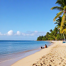 Caribbean Holidays, Saint Lucia March, Golden sandy beach with palm trees, calm turquoise water and adults enjoying a quiet swim in Saint Lucia