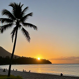 Caribbean Holidays, Saint Lucia March, Golden sunset over Reduit Beach in Saint Lucia, with palm trees, calm sea and silhouettes of beachgoers