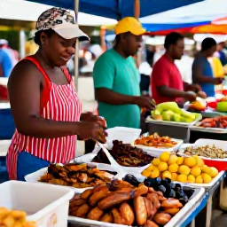 Caribbean Holidays, Saint Lucia March, Saint Lucian street food market in March with grilled fish, plantain, fresh fruit, local dishes and friendly vendors