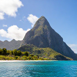 Caribbean Holidays, Saint Lucia March, The Pitons rising above the green Saint Lucia coastline, viewed from a boat on clear blue water in warm March sunshine