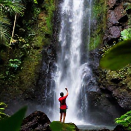 Caribbean Holidays, Saint Lucia March, Traveller photographing a lush Saint Lucia rainforest waterfall surrounded by tropical plants and volcanic rocks