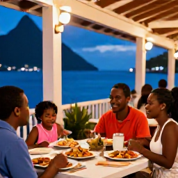 Caribbean Holidays, Saint Lucia May, A family eating a relaxed Caribbean dinner at an open-air restaurant in Saint Lucia, with colourful local dishes and evening lights