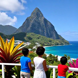 Caribbean Holidays, Saint Lucia May, A family sightseeing in Saint Lucia with a guide near the Pitons, tropical plants, a scenic viewpoint and a clear blue sea