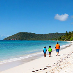 Caribbean Holidays, Saint Lucia May, A family walking along a bright sandy beach in Saint Lucia beneath a clear blue sky, calm Caribbean water and green hills in the background