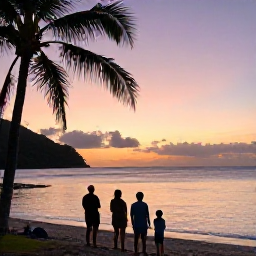 Caribbean Holidays, Saint Lucia May, A family watching a colourful sunset over the Caribbean Sea from a Saint Lucia beach, with palm silhouettes and a relaxed holiday atmosphere