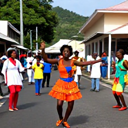 Caribbean Holidays, Saint Lucia May, Colourful Saint Lucian cultural festival with dancers, musicians and local families in a lively town street in May