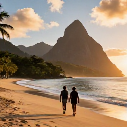 Caribbean Holidays, Saint Lucia May, Couple walking along a secluded golden beach at sunset on Saint Lucia