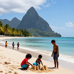 Caribbean Holidays, Saint Lucia May, Families enjoying a calm Caribbean beach in Saint Lucia, with children building sandcastles, palm trees and the Pitons visible in the distance