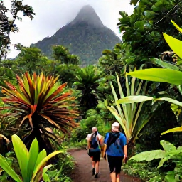 Caribbean Holidays, Saint Lucia May, Hikers walking through lush Saint Lucian rainforest near the Pitons, with tropical plants, misty mountains and guided nature trails